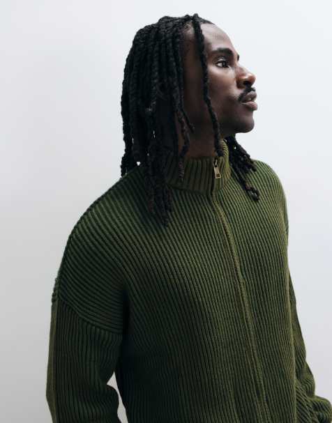 ASOS DESIGN pull oversize à col cheminée zippé en maille côtelée style pêcheur, kaki - view 1