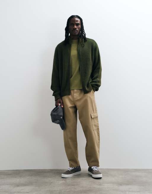 ASOS DESIGN pull oversize à col cheminée zippé en maille côtelée style pêcheur, kaki, 3 de 5