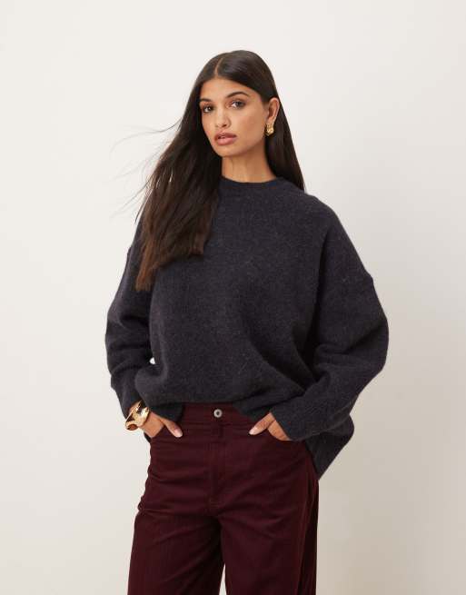 ASOS DESIGN - Pull oversize à col ras de cou en alpaga - Bleu marine ardoise