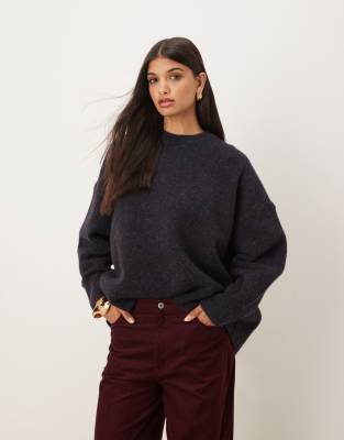 Pull oversize à col ras de cou en alpaga et laine de qualité supérieure - Marine ardoise-Bleu marine L