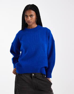 Pull oversize à col ras de cou et ourlet arrondi - Bleu foncé-Bleu marine S