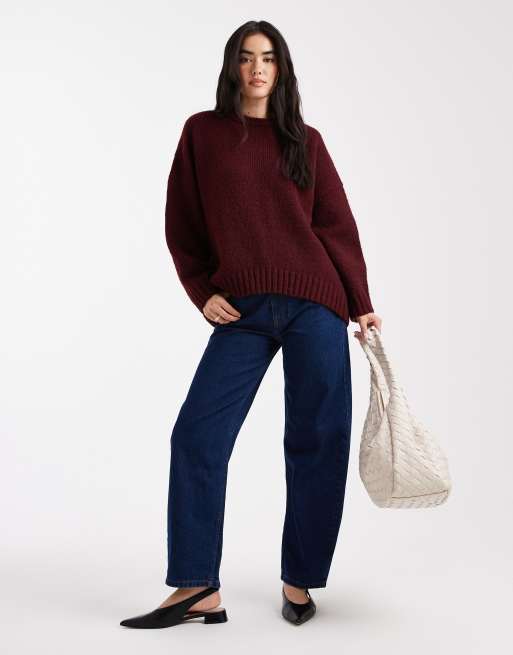 ASOS DESIGN oversized crew neck sweater with curved hem in burgundy