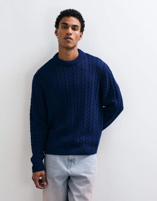 ASOS DESIGN pull oversize à col rond en maille torsadée bleu marine, 2 de 5