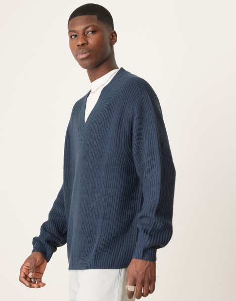 ASOS DESIGN - Pull oversize à col V en maille style pêcheur - Bleu marine - view 1