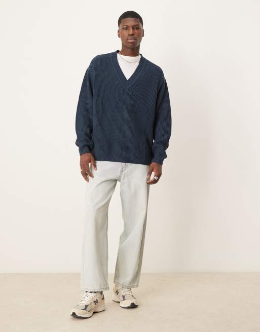 ASOS DESIGN - Pull oversize à col V en maille style pêcheur - Bleu marine, 4 de 4