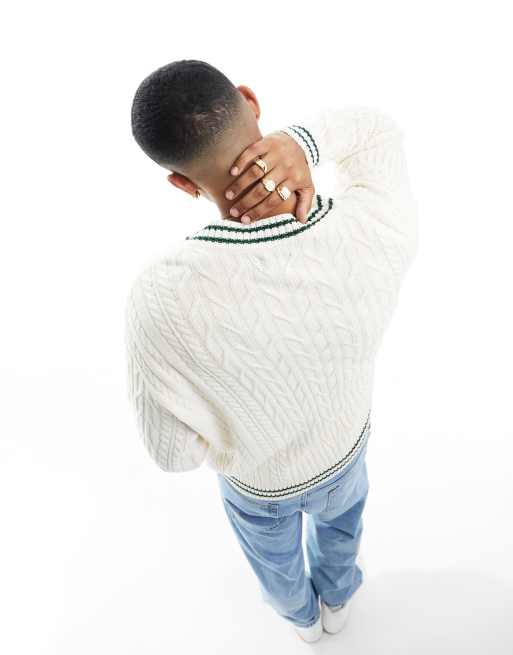 ASOS DESIGN - Pull oversize à liserés style cricket en maille torsadée - Crème/vert, 2 de 4