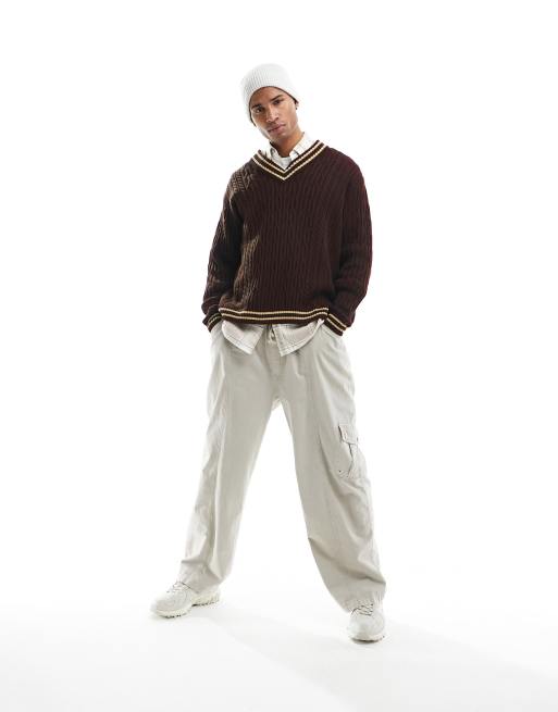 ASOS DESIGN - Pull oversize à liserés style cricket en maille torsadée - Marron/écru, 4 de 4