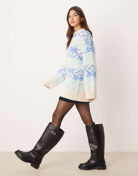 ASOS DESIGN - Pull oversize à motif jacquard avec col montant - Bleu et crème - view 1