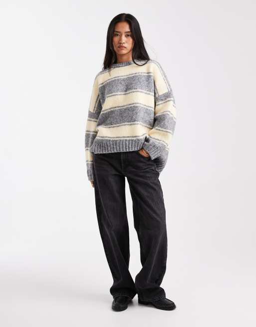 ASOS DESIGN - Pull oversize à rayures et col ras de cou - Beurre/gris, 3 de 4