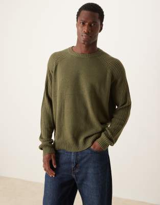 ASOS DESIGN - Pull oversize coupe carrée col ras de cou en maille à manches côtelées - Kaki-Vert