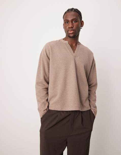 ASOS DESIGN - Pull oversize coupe carrée en maille côtelée effet brossé avec col V - Marron - view 1