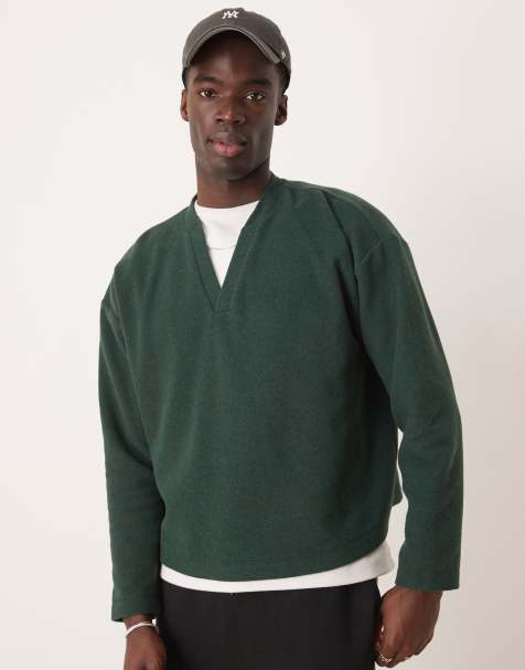 ASOS DESIGN - Pull oversize coupe carrée en tissu côtelé épais effet brossé avec col V - Vert - view 1