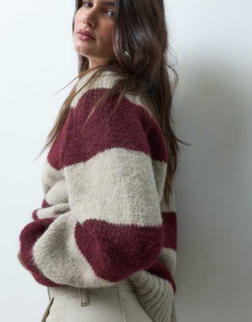 ASOS DESIGN - Pull oversize duveteux à rayures - Bordeaux et beige, 3 de 4