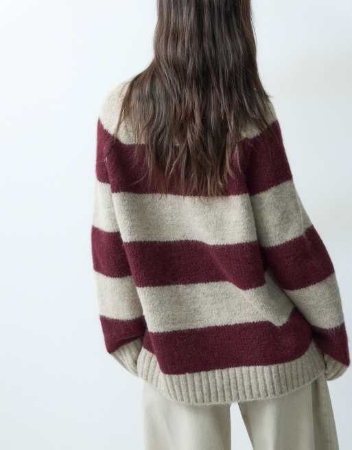 ASOS DESIGN - Pull oversize duveteux à rayures - Bordeaux et beige, 4 de 4