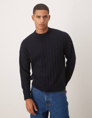 ASOS DESIGN - Pull oversize en laine d'agneau côtelée avec col ras de cou - Bleu marine foncé