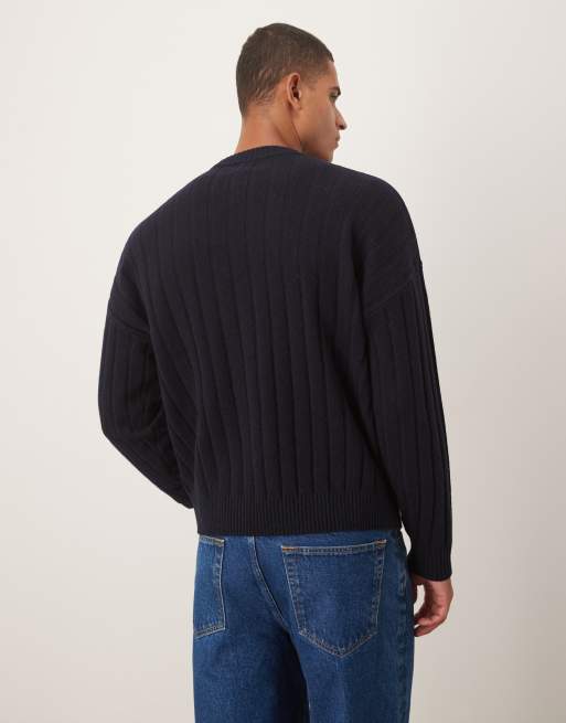 ASOS DESIGN - Pull oversize en laine d'agneau côtelée avec col ras de cou - Bleu marine foncé, 3 de 5