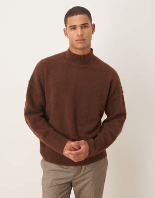 ASOS DESIGN - Pull oversize en laine mélangée avec col cheminée - Marron-Gris