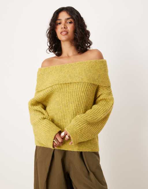 ASOS DESIGN - Pull oversize en laine mélangée avec épaules dénudées - Olive
