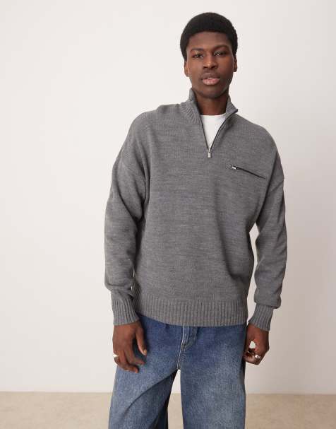 ASOS DESIGN - Pull oversize en maille à col zippé et poche zippée - Gris anthracite - view 1