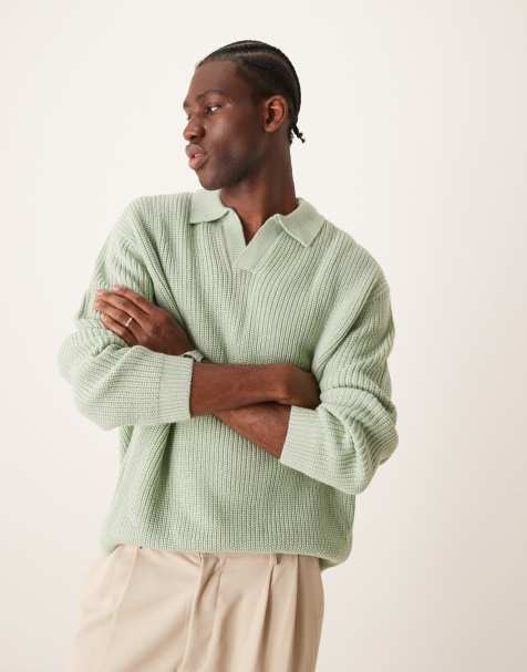 ASOS DESIGN - Pull oversize en maille à côtes anglaises avec col cranté - Vert sauge - view 1