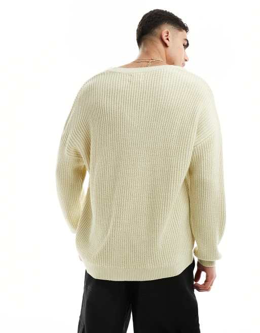 ASOS DESIGN - Pull oversize en maille à côtes anglaises avec col en V - Grège, 4 de 4