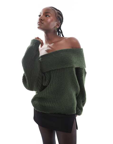 ASOS DESIGN - Pull oversize en maille à épaules dénudées - Vert forêt - view 1