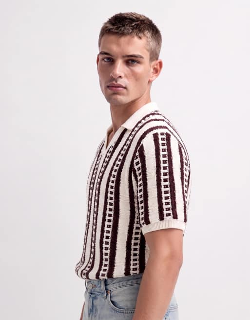ASOS DESIGN - Pull oversize en maille à rayures texturées et col à encoche - Écru, 10 de 10