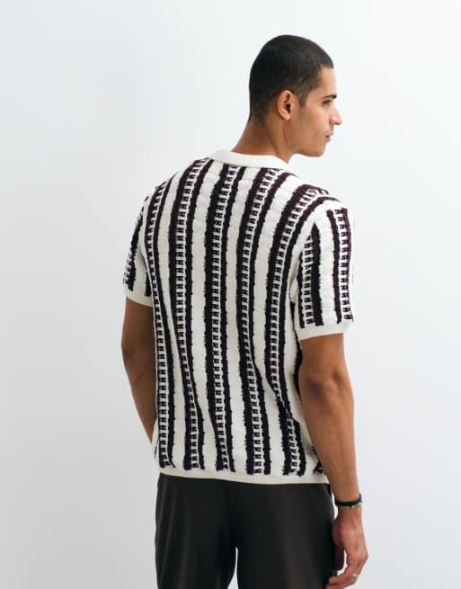 ASOS DESIGN - Pull oversize en maille à rayures texturées et col à encoche - Écru, 4 de 10