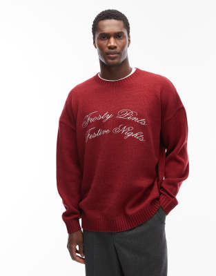 ASOS DESIGN - Pull oversize en maille à slogan Frosty Pints Festive Nights - Bordeaux-Rouge