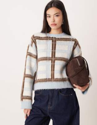 Pull oversize en maille brossée à carreaux - Bleu-Multicolore S