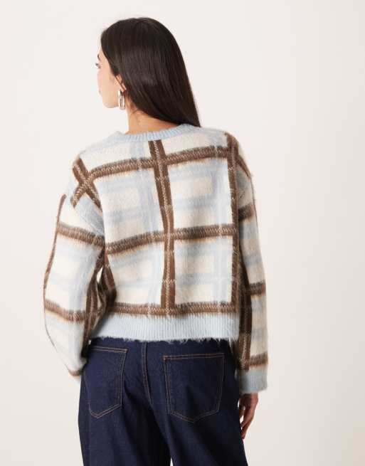 ASOS DESIGN - Pull oversize en maille brossée à carreaux - Bleu, 3 de 4