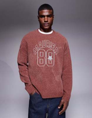 ASOS DESIGN - Pull oversize en maille chenille à imprimé Maurier 80 - Rouge