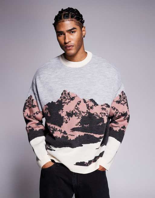 ASOS DESIGN - Pull oversize en maille chenille à motif montagne - Beige