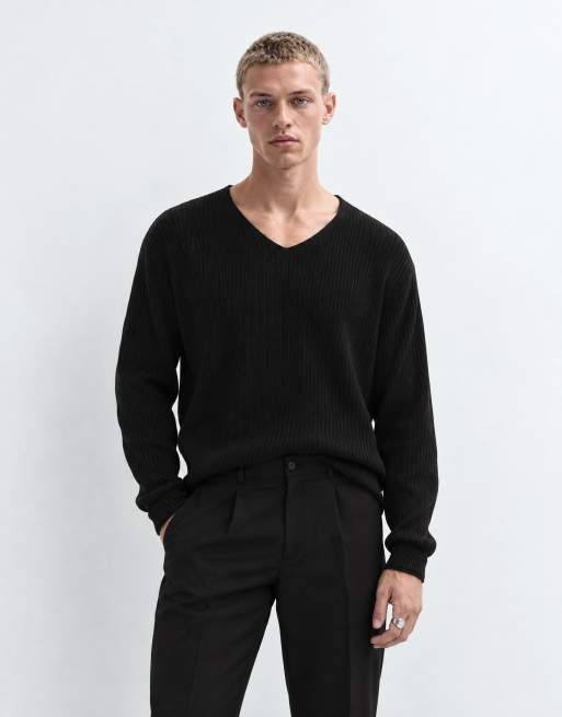 ASOS DESIGN pull oversize en maille col V côtelé noir, 6 de 9