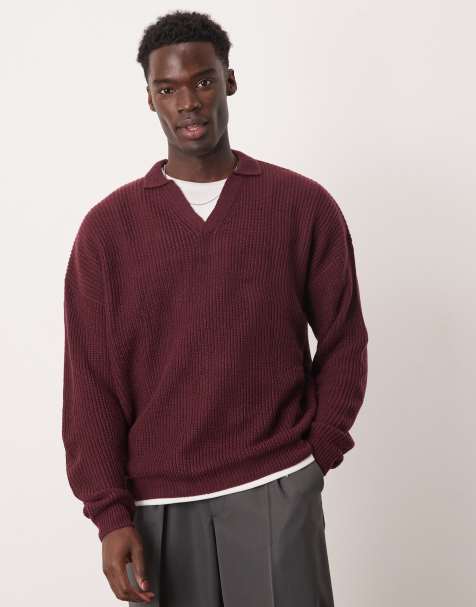 ASOS DESIGN - Pull oversize en maille côtelée avec encolure à encoche - Bordeaux - view 1