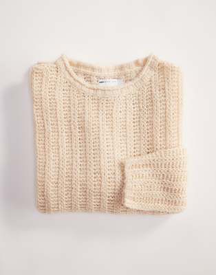 ASOS DESIGN - Pull oversize en maille côtelée brossée ajourée - Crème-Neutral