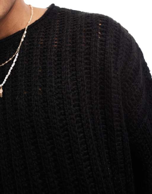 ASOS DESIGN - Pull oversize en maille côtelée brossée ajourée - Noir, 4 de 4
