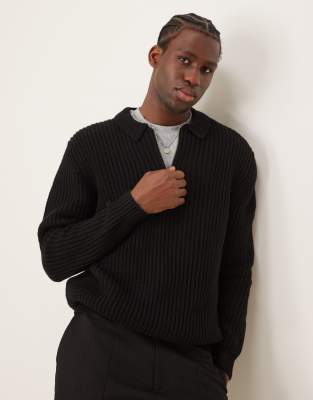 ASOS DESIGN - Pull oversize en maille côtelée de laine mélangée épaisse à col zippé - Noir