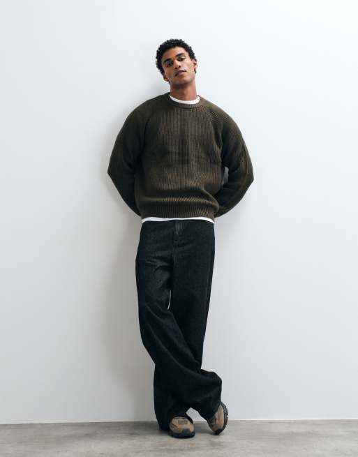ASOS DESIGN pull oversize en maille côtelée pêcheur kaki foncé, 2 de 5