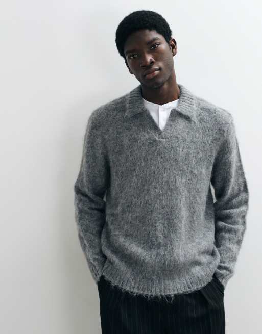 ASOS DESIGN pull oversize en maille mohair à encolure fendue gris, 3 de 5