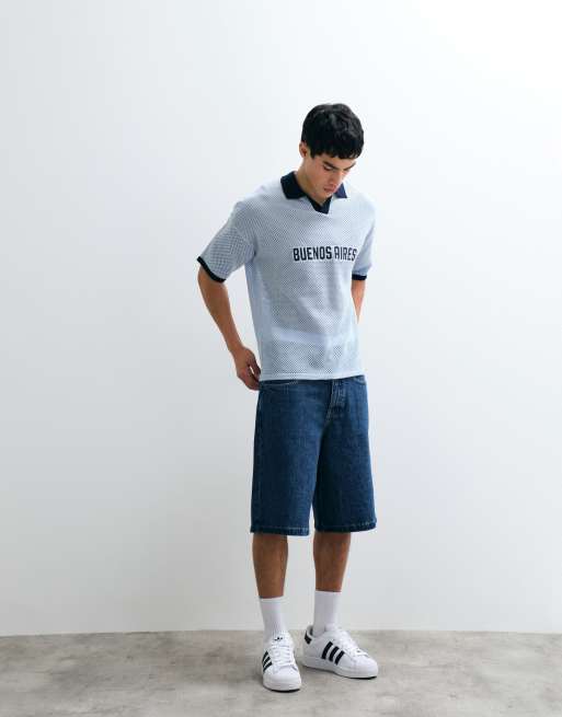 ASOS DESIGN - Pull oversize en maille style football avec col cranté et broderie - Bleu, 3 de 9