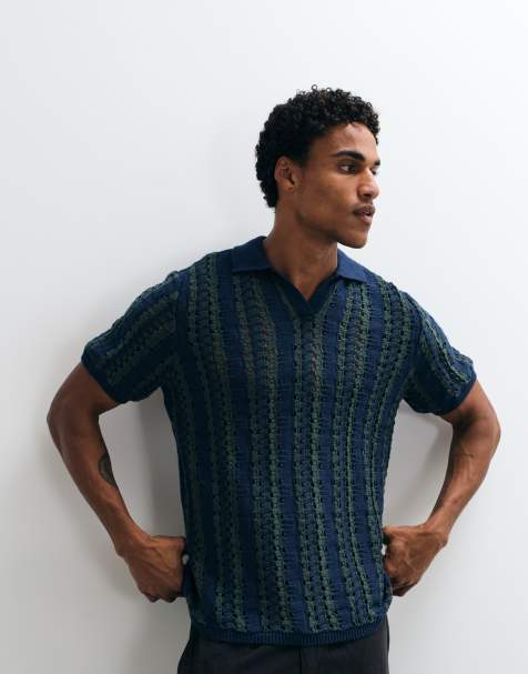 ASOS DESIGN - Pull oversize en maille texturée à rayures avec encolure à encoche - Bleu marine et vert - view 1