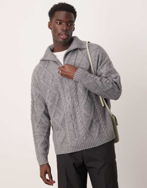 ASOS DESIGN - Pull oversize épais en laine mélangée torsadée avec col zippé - Gris - view 1