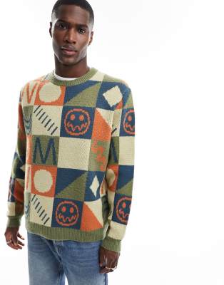 ASOS DESIGN - Pull oversize imprimé sur l'ensemble en maille brossée - Kaki/orange
