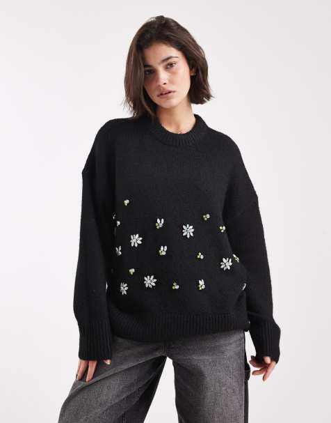 ASOS DESIGN - Pull oversize orné de fleurs - Noir - view 1