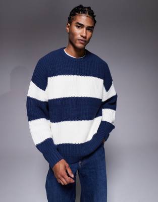 ASOS DESIGN - Pull oversize ras de cou en maille à rayures - Bleu marine et écru-Multicolore