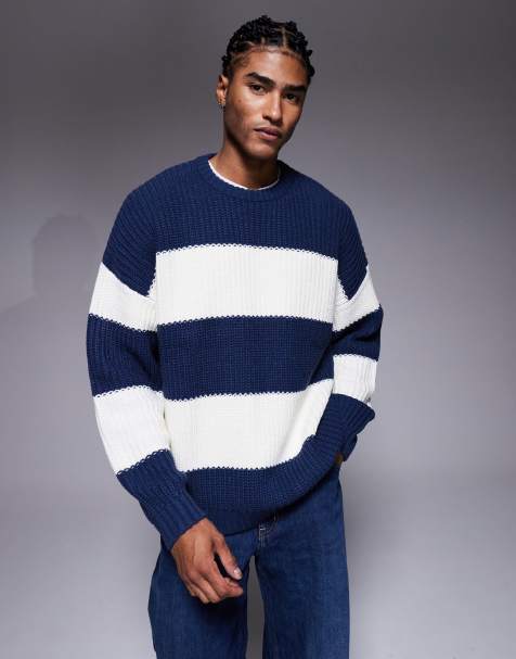 ASOS DESIGN - Pull oversize ras de cou en maille à rayures - Bleu marine et écru - view 1