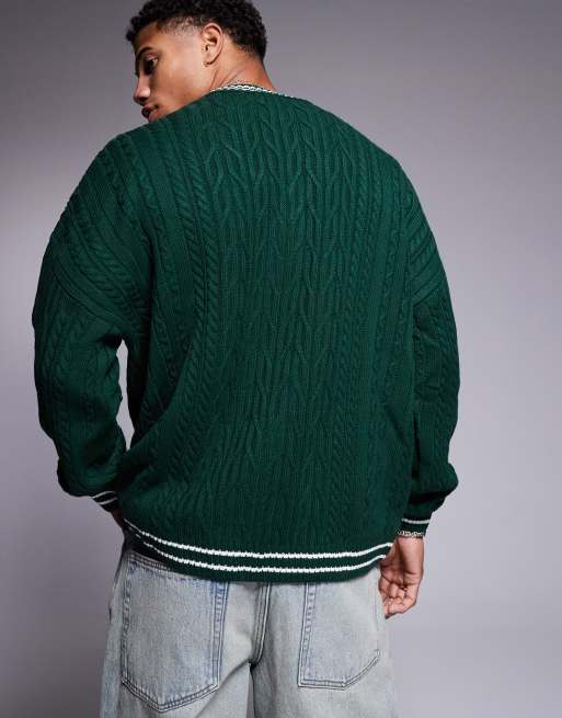 ASOS DESIGN - Pull oversize style cricket en maille torsadée à liserés - Vert et blanc, 3 de 4