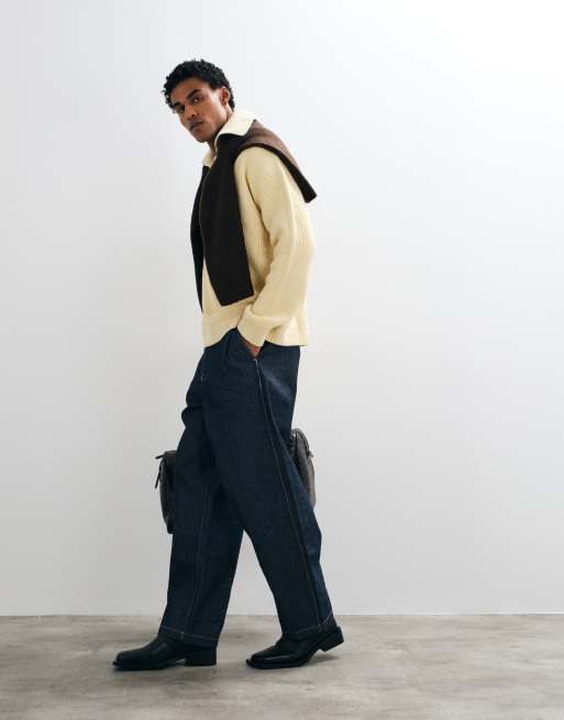 ASOS DESIGN pull polo en maille oversize à col grand ouvert jaune citron, 2 de 5