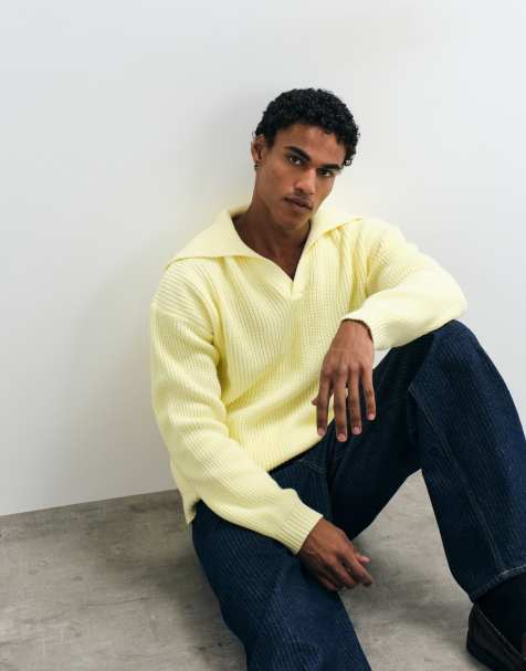 ASOS DESIGN pull polo en maille oversize à col très ouvert jaune - view 1
